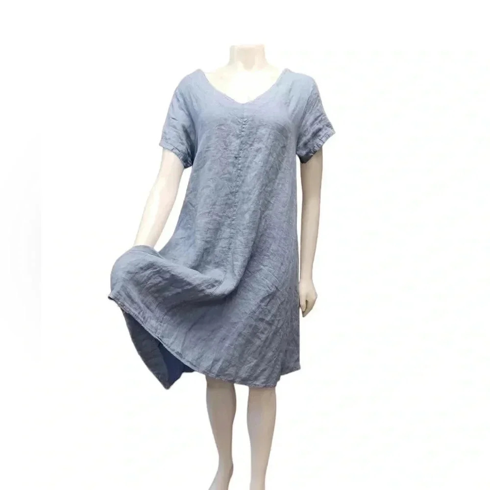 Angela Mara  100% Linen Blue Short Sleeve Asymmetrical Midi Dress Size Large